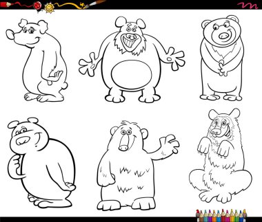 Black and white cartoon humorous illustration of funny bears animal characters set coloring page