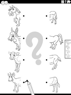 Black and white cartoon illustration of educational game of matching halves of pictures with funny wild animals characters coloring page