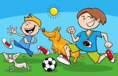Cartoon illustration of two boys characters playing ball with their dogs
