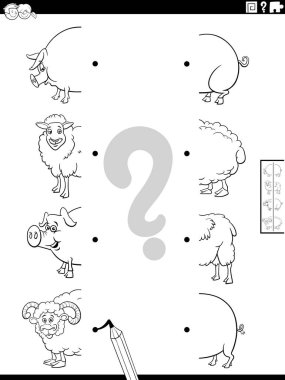 Black and white cartoon illustration of educational task of matching halves of pictures with funny wild animals characters coloring page