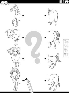 Black and white cartoon illustration of educational game of matching halves of pictures with farm animals characters coloring page