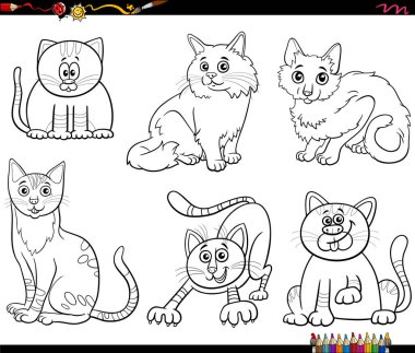 Black and white cartoon illustration of cats and kittens comic animal characters set coloring page