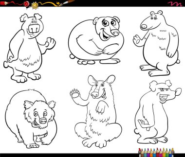 Black and white cartoon humorous illustration of bears animal characters set coloring page