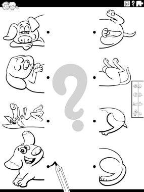 Black and white cartoon illustration of educational game of matching halves of pictures with funny dogs animals characters coloring page