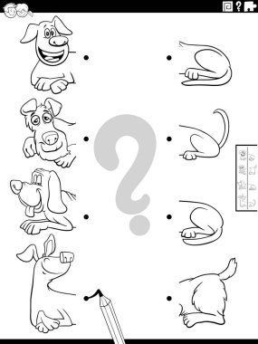 Black and white cartoon illustration of educational task of matching halves of pictures with funny dogs animals characters coloring page