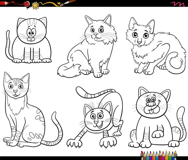 Black White Cartoon Illustration Cats Kittens Comic Animal Characters Set —  Vetores de Stock