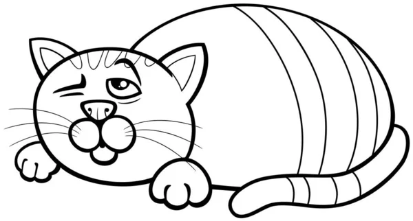 滑稽的困倦猫滑稽动物人物形象着色页的黑白卡通画 — 图库矢量图片