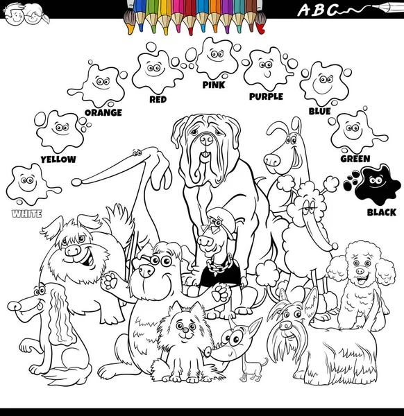 Zwart Wit Educatieve Cartoon Illustratie Van Basiskleuren Met Honden Karakters — Stockvector