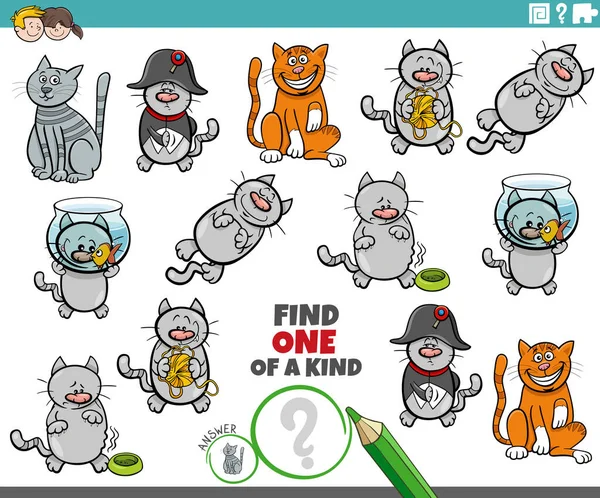 Cartoon Ilustrace Najít Jeden Druhu Obrázek Vzdělávací Hra Kočičími Znaky — Stockový vektor