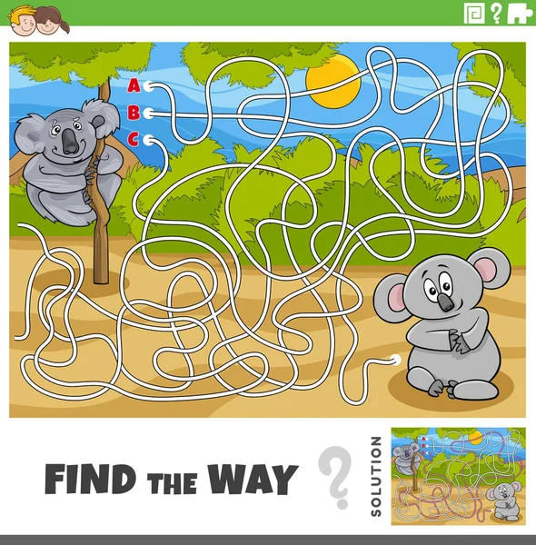 Cartoon Illustration Find Way Maze Puzzle Game Koala Bears Animal — Stock Vector