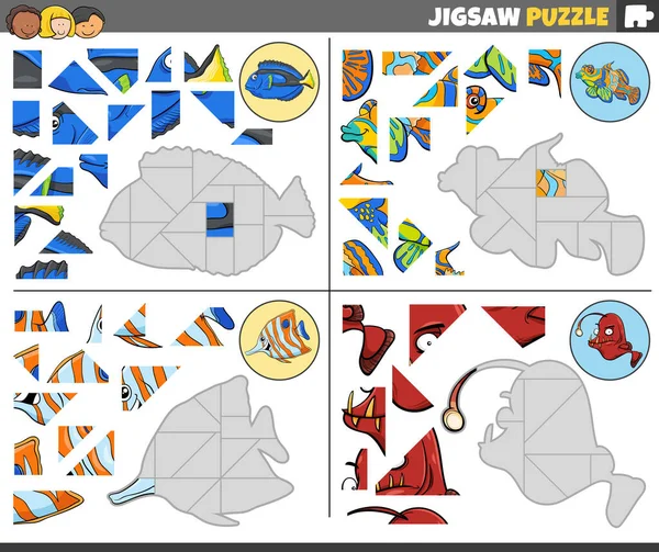 Cartoon Ilustrace Vzdělávací Puzzle Hry Set Legrační Ryby Mořských Živočichů — Stockový vektor