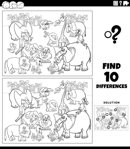 黑白相间的卡通画图解发现了具有滑稽的Safari动物群色彩页面的图文教育游戏的差异 — 图库矢量图片