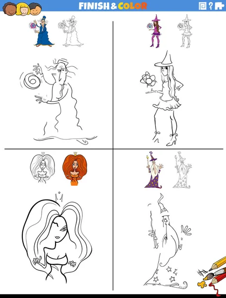 Dibujos Animados Ilustración Dibujo Colorear Hojas Trabajo Educativas Con Personajes — Vector de stock