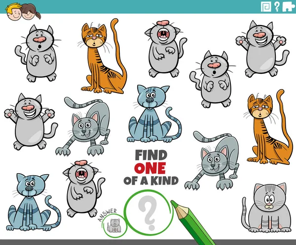 Cartoon Ilustrace Najít Jeden Druhu Obrázek Vzdělávací Hra Komiksy Kočky — Stockový vektor