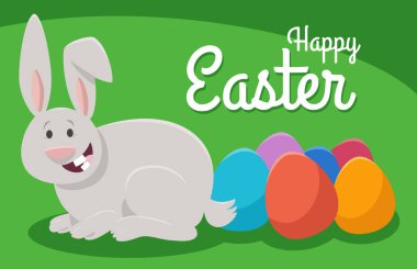 Paskalya yumurtaları ve tebrik kartı tasarımı ile komik Paskalya Tavşanı karakterinin çizgi film çizimi