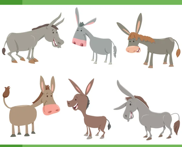 Zeichentrick Illustration Von Glücklichen Eseln Bauernhof Tiere Comic Figuren Gesetzt — Stockvektor