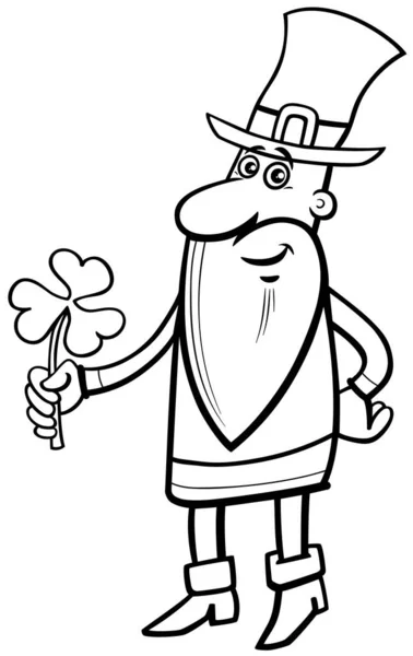 Černobílé Kreslené Ilustrace Leprechaun Fantasy Postava Jetelem Saint Patrick Day — Stockový vektor