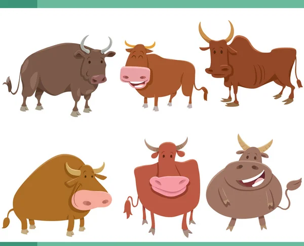 Ilustracja Kreskówki Byki Gospodarstwo Zwierzęta Komiks Znaków Zestaw — Wektor stockowy