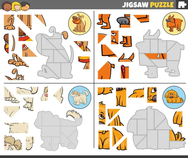 Ilustracja Kreskówki Edukacyjne Puzzle Układanki Zestaw Zabawnych Psów Znaków Zwierząt — Wektor stockowy