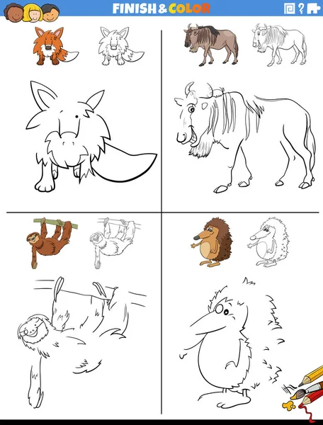 Мультфильм Иллюстрация Рисунка Раскраски Учебных Листов Животными Персонажами — стоковый вектор
