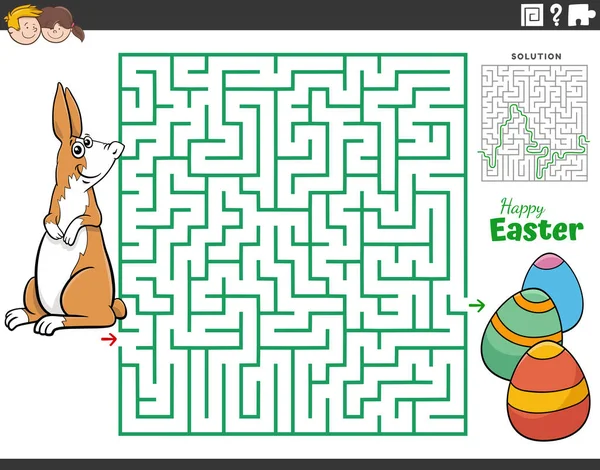 イースターバニーとイースターの卵を持つ子供のための教育迷路パズルゲームの漫画のイラスト — ストックベクタ