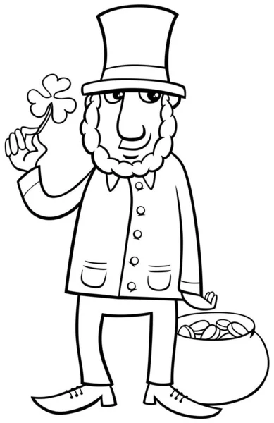 Desenhos Animados Preto Branco Ilustração Personagem Fantasia Leprechaun Com Trevo — Vetor de Stock
