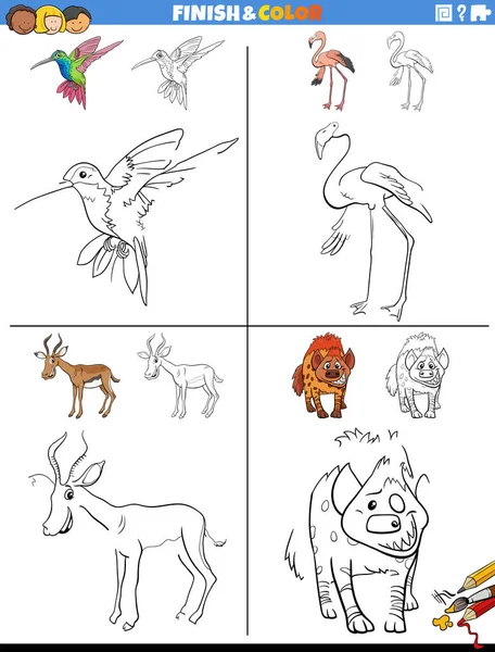 Cartoon Illustration Drawing Coloring Educational Worksheets Set Wild Animal Characters — Stock Vector