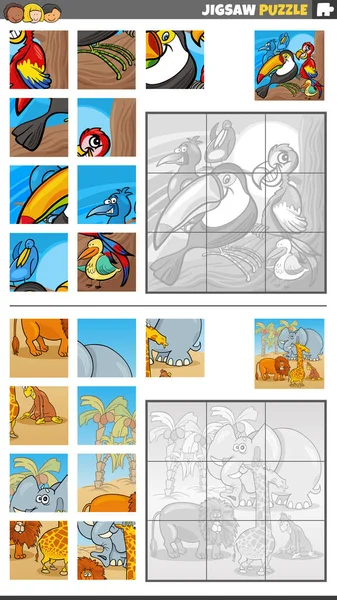 Cartoon Illustration Educational Jigsaw Puzzle Games Set Funny Animal Characters — Vector de stock
