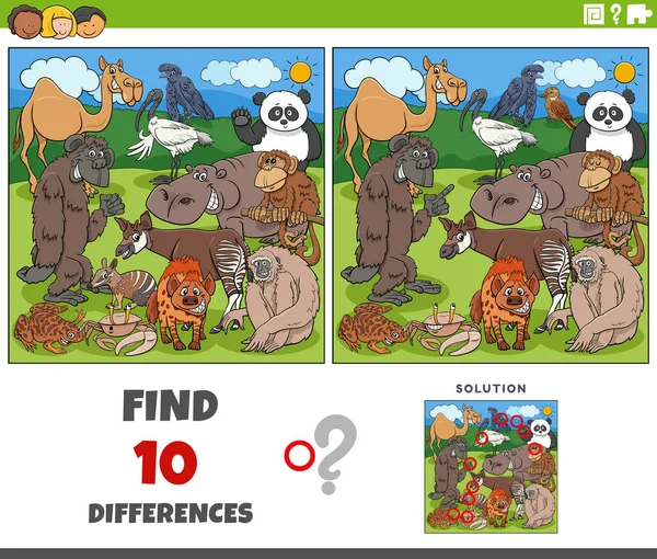 Cartoon Illustration Finding Differences Pictures Educational Game Comic Wild Animal — Stock Vector