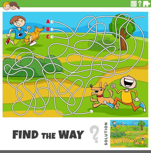 Cartoon Illustration Find Way Maze Puzzle Game Funny Boys Dogs — Stock Vector