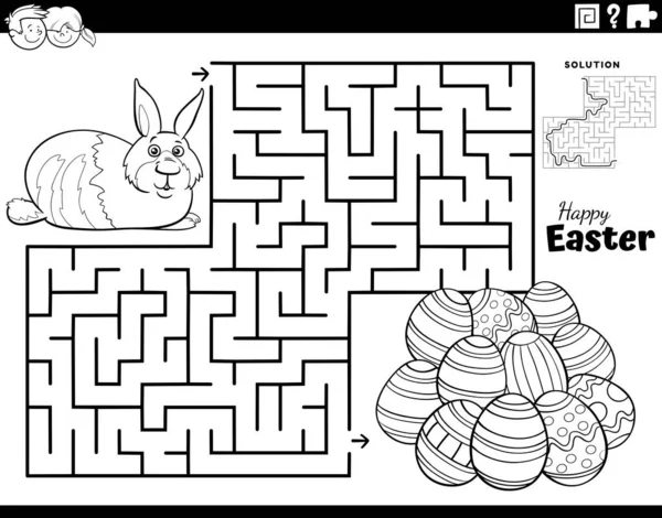 Black White Cartoon Illustration Educational Maze Puzzle Game Children Easter — Stock Vector