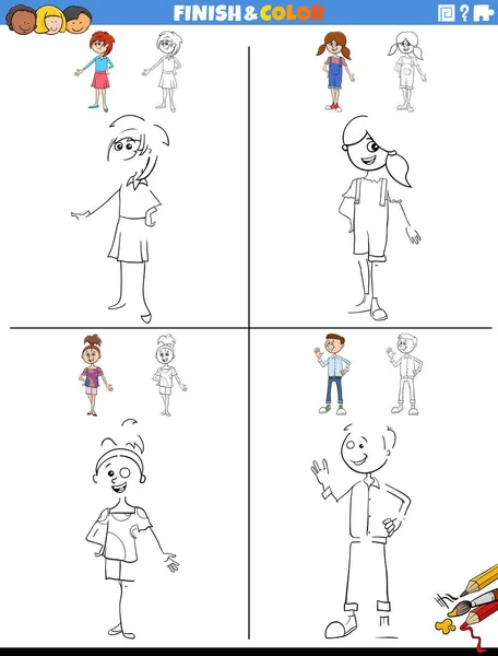 Ilustracja Rysunkowa Kolorowanki Arkuszy Edukacyjnych Zestaw Dziećmi Lub Postaciami Nastolatków — Wektor stockowy