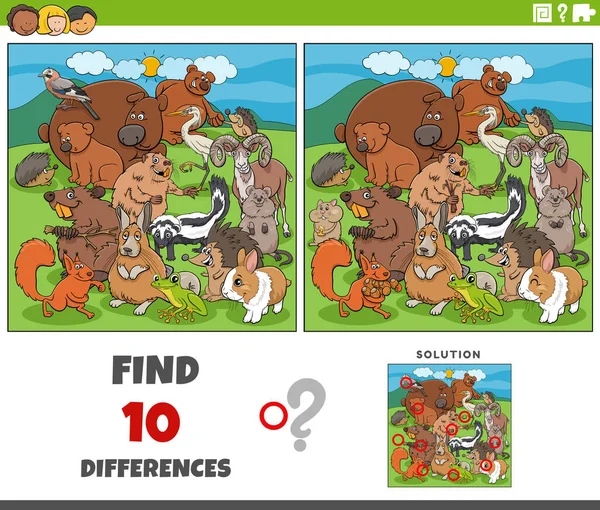 Cartoon Ilustrace Nalezení Rozdílů Mezi Obrázky Vzdělávací Hra Komické Zvířecí — Stockový vektor