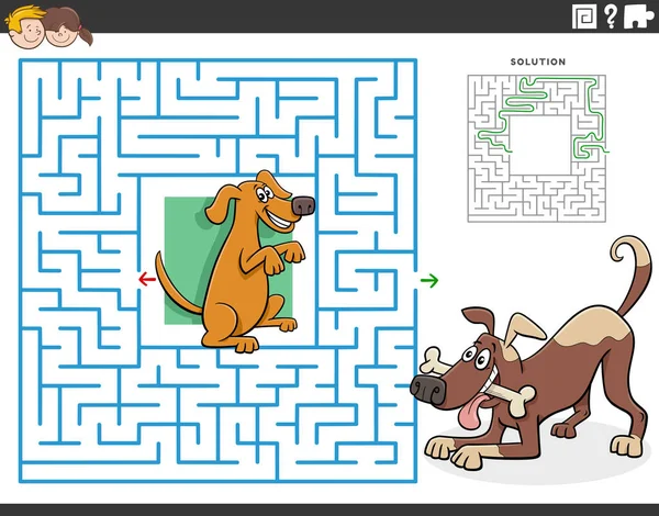面白い犬のキャラクターを持つ子供のための教育迷路パズルゲームの漫画イラスト — ストックベクタ