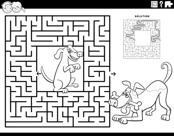 儿童教育迷宫游戏的黑白卡通画 具有滑稽狗的动物角色着色页面 — 图库矢量图片