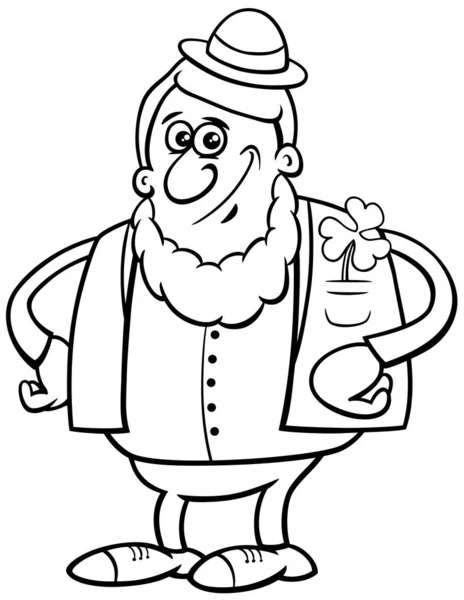 Desenhos Animados Preto Branco Ilustração Personagem Fantasia Leprechaun Com Trevo — Vetor de Stock