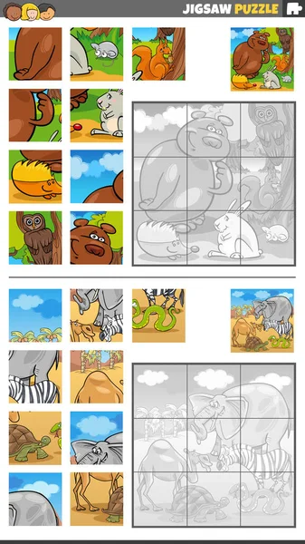 Cartoon Illustration Educational Jigsaw Puzzle Games Set Funny Wild Animals — Stock vektor