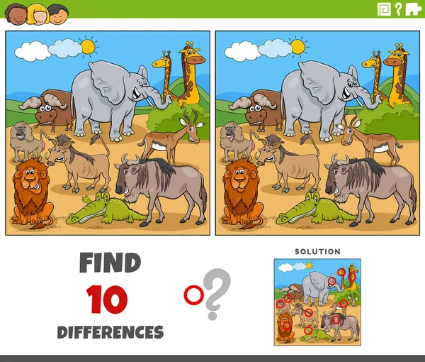 漫画のイラスト漫画のアフリカの動物のキャラクターと絵教育ゲームの違いを見つけること — ストックベクタ