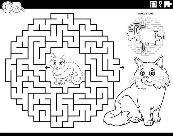 面白い猫の動物の文字のぬり絵のページを持つ子供のための教育迷路パズルゲームの黒と白の漫画イラスト — ストックベクタ