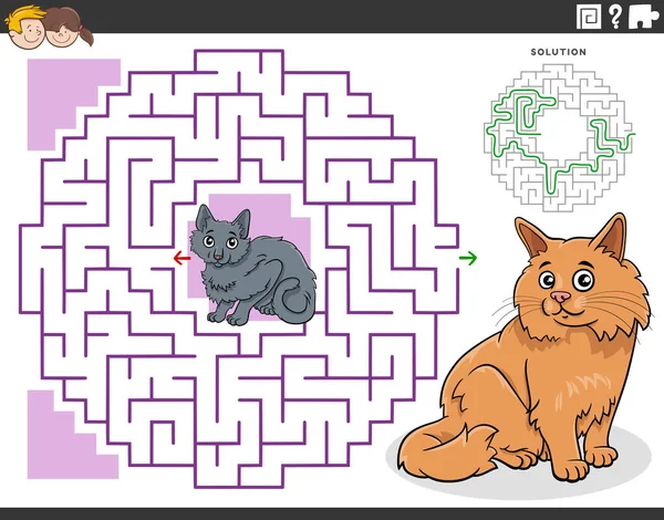 面白い猫のキャラクターを持つ子供のための教育迷路パズルゲームの漫画イラスト — ストックベクタ