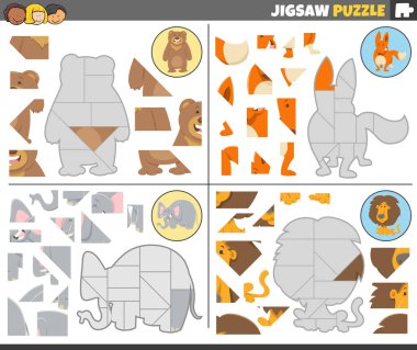Cartoon illustration of educational jigsaw puzzle games set with funny wild animals characters