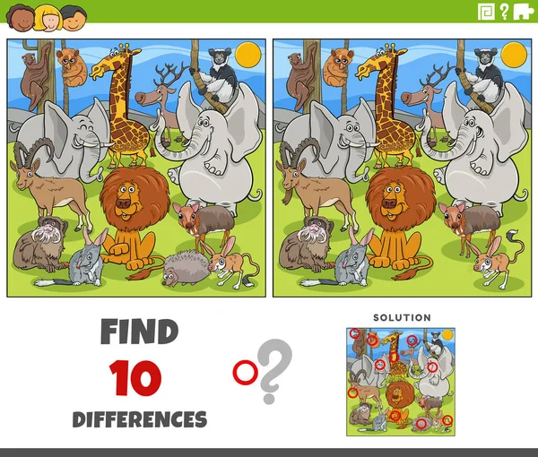 Cartoon Ilustrace Nalezení Rozdílů Mezi Obrázky Vzdělávací Hra Komické Divoké — Stockový vektor