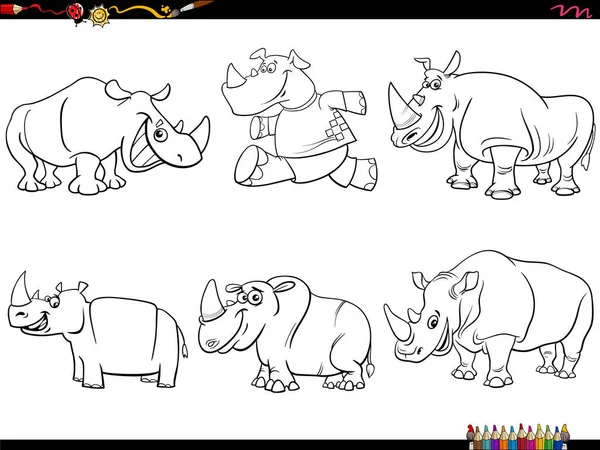 Desenho Animado Preto Branco Ilustração Humorística Rinocerontes Personagens Animais Conjunto —  Vetores de Stock