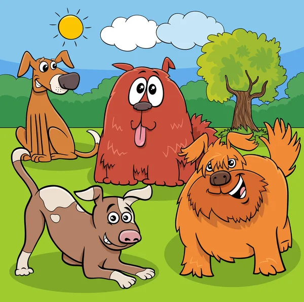 Dibujos Animados Ilustración Perros Juguetones Personajes Animales Parque — Vector de stock
