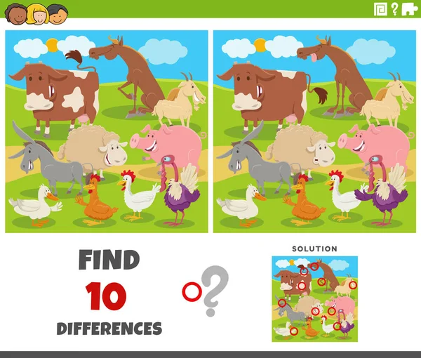 Cartoon Illustration Finding Differences Pictures Educational Game Comic Farm Animal — Stock Vector