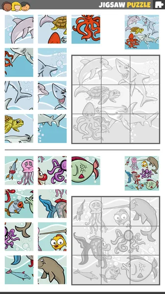 Ilustracja Kreskówki Edukacyjne Puzzle Układanki Zestaw Zabawnych Zwierząt Morskich Znaków — Wektor stockowy