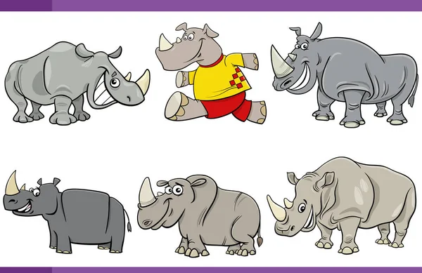 Cartoon Illustration Happy Rhinos Comic Animal Characters Set — Stock Vector