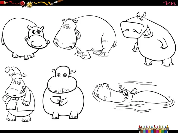Desenhos Animados Preto Branco Ilustração Humorística Hipopótamos Personagens Animais Conjunto — Vetor de Stock