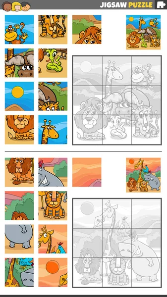 Ilustracja Kreskówki Edukacyjne Puzzle Układanki Zestaw Zabawny Dzikie Zwierzęta Safari — Wektor stockowy