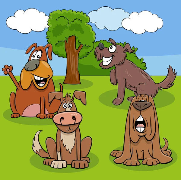 Zeichentrick Illustration Lustiger Hunde Und Welpen Tierfiguren Auf Einer Wiese — Stockvektor